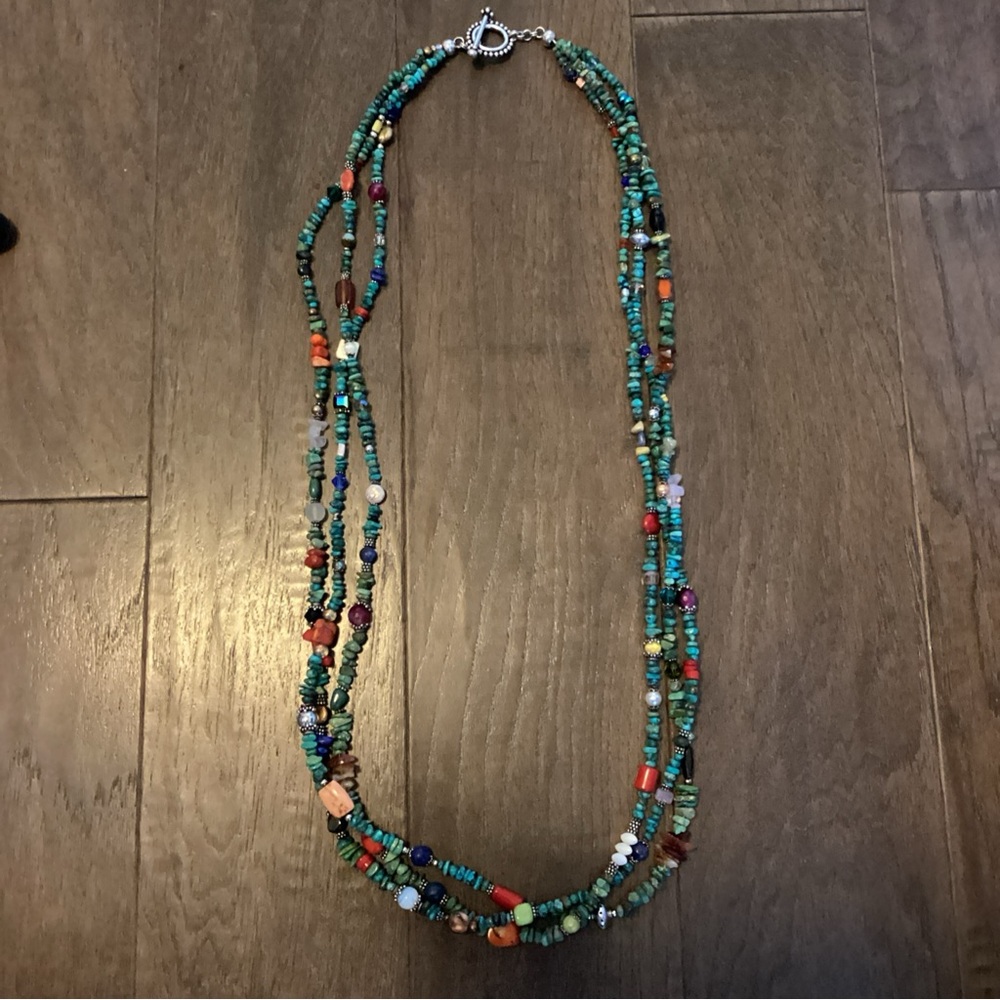 Triple strand 42” Southwest Turquoise Coral amber Beaded Necklace SS Clasp